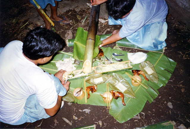 Dinner in the jungle cooked and served in bamboo